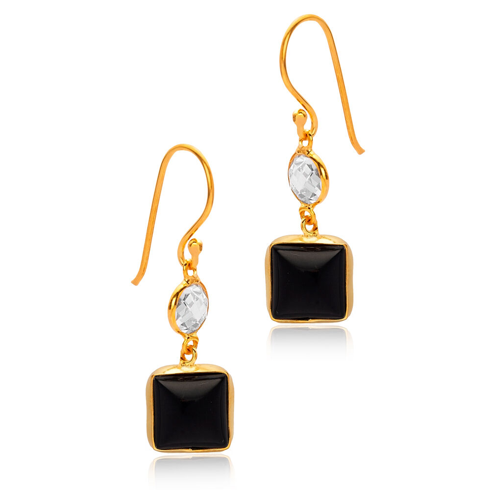Square Design Black Quartz Hook 925 Silver Earrings Jewelry