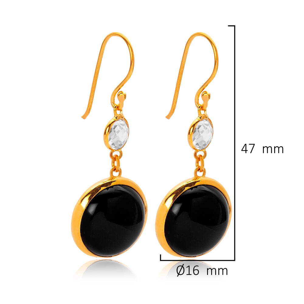 Round Design Black Quartz Hook 925 Silver Jewelry Earrings