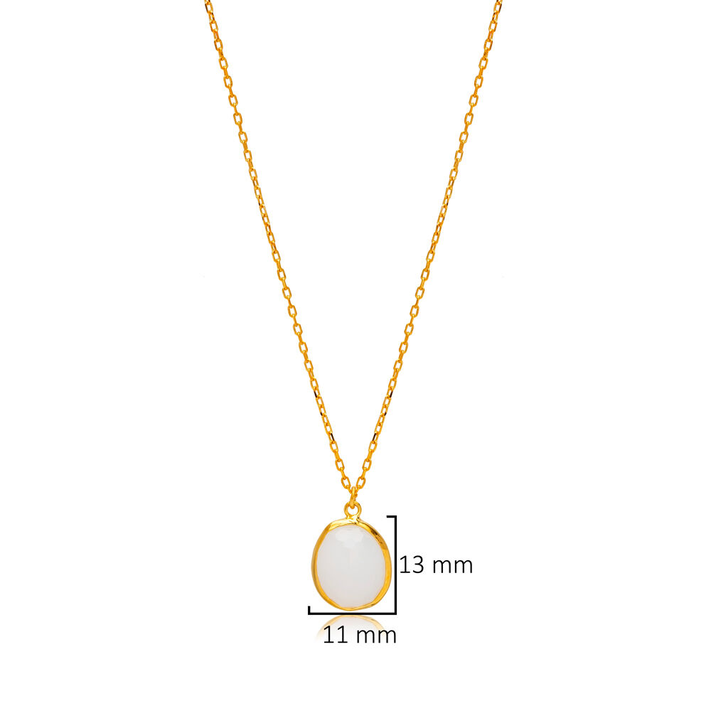 White Quartz Stone Oval 22K Gold Bezel Silver Charm Necklace