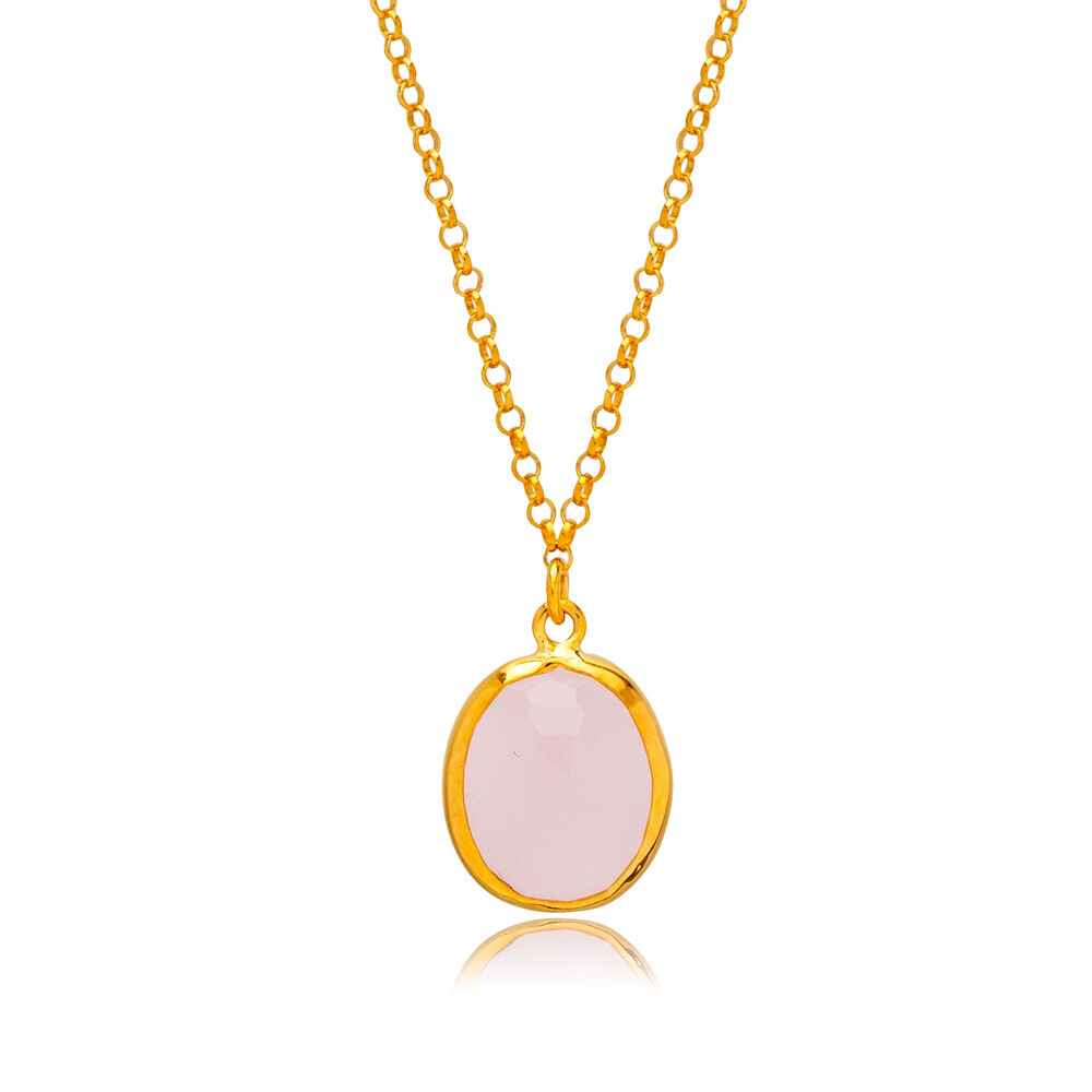 Pink Quartz Stone Oval 22K Gold Bezel Silver Charm Necklace