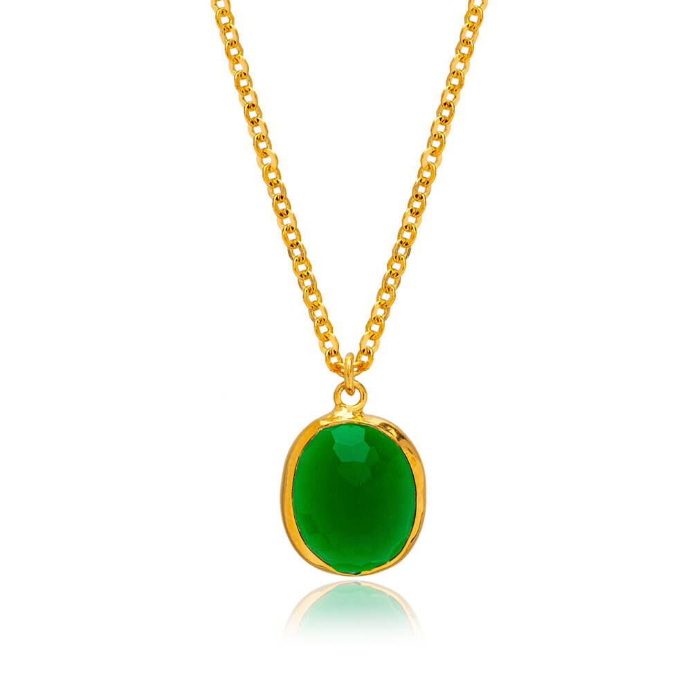Emerald Quartz Stone Oval 22K Gold Bezel Silver Charm Necklace