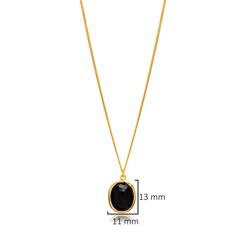 Black Quartz Stone Oval 22K Gold Bezel Silver Charm Necklace