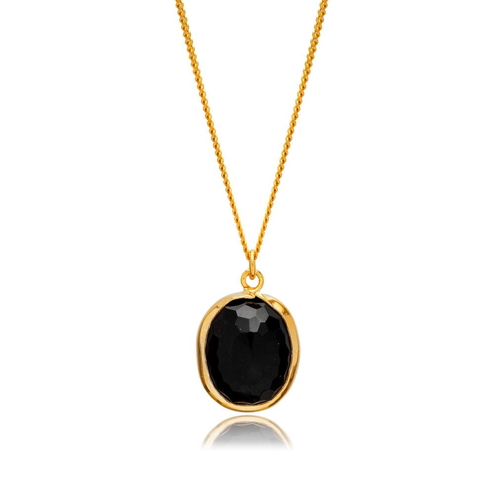 Black Quartz Stone Oval 22K Gold Bezel Silver Charm Necklace