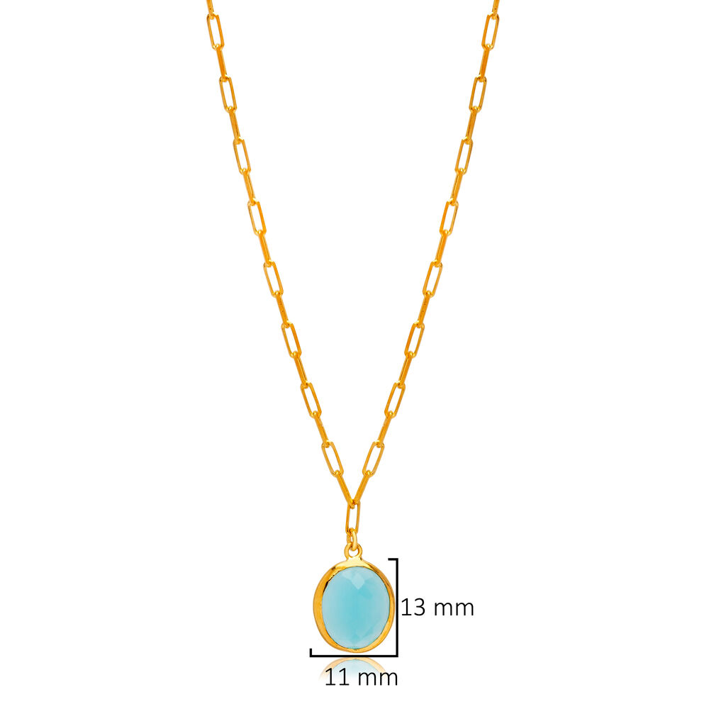 Aquamarine Quartz Oval 22K Gold Bezel Silver Charm Necklace