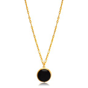 Black Quartz Stone Round 22K Gold Bezel Silver Charm Necklace