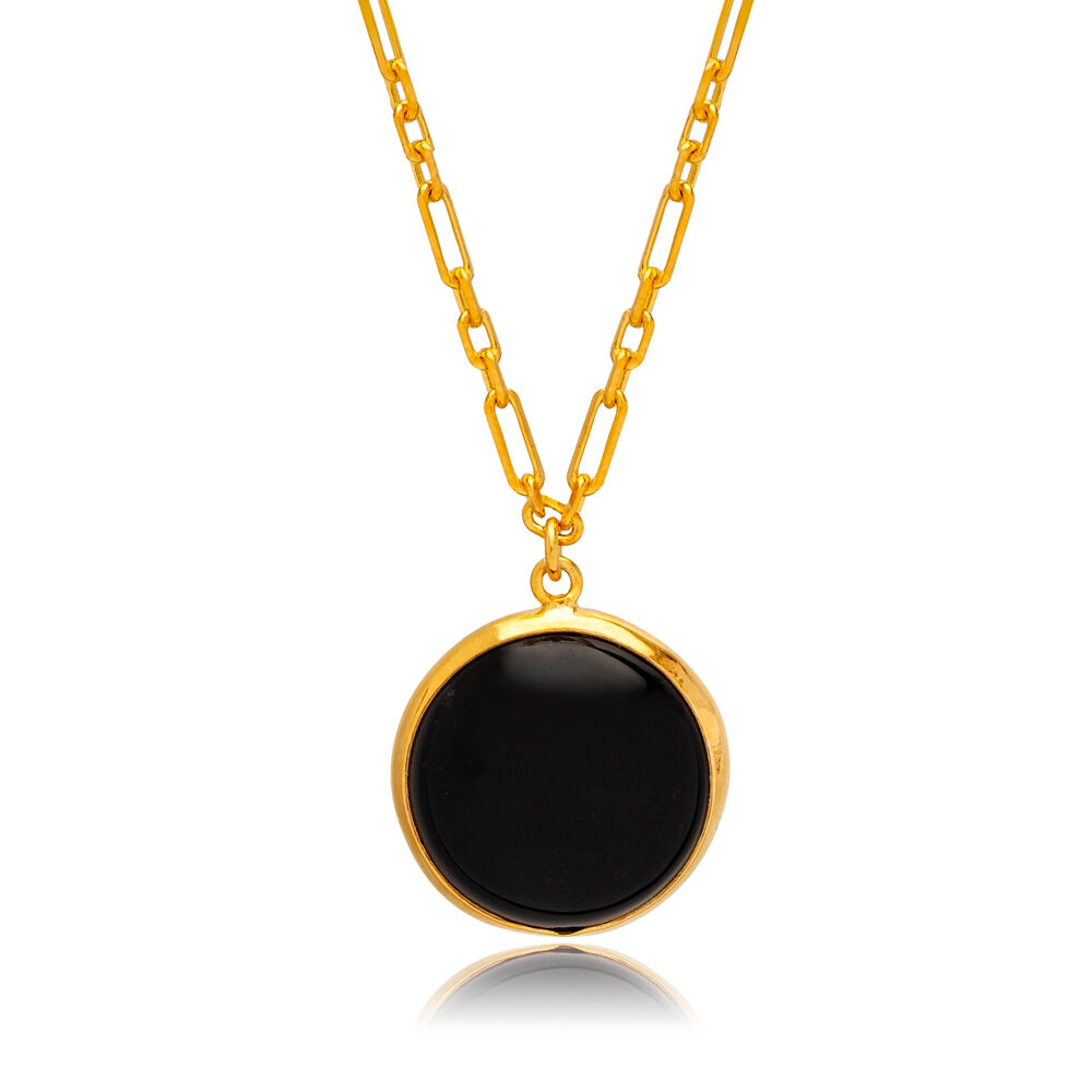 Black Quartz Stone Round 22K Gold Bezel Silver Charm Necklace