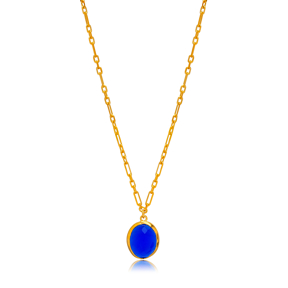Sapphire Quartz Oval 22K Gold Bezel Silver Charm Necklace