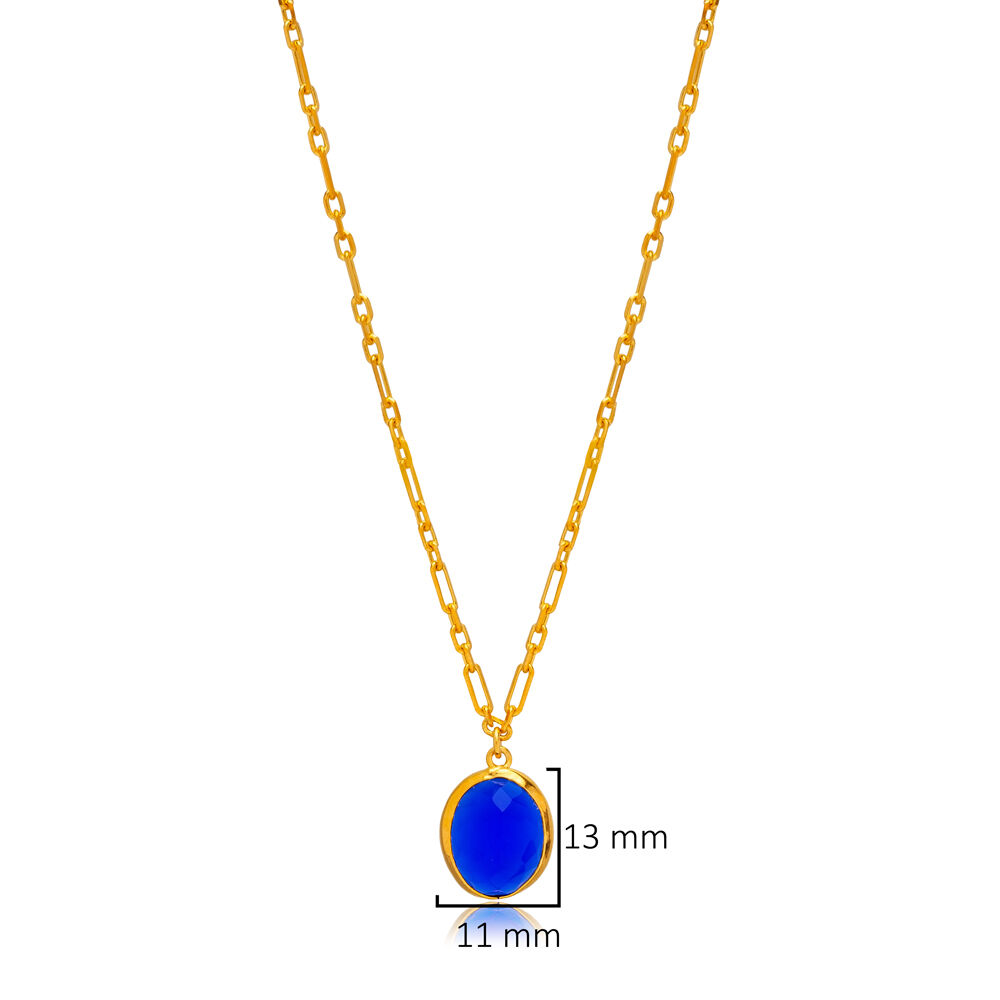Sapphire Quartz Oval 22K Gold Bezel Silver Charm Necklace