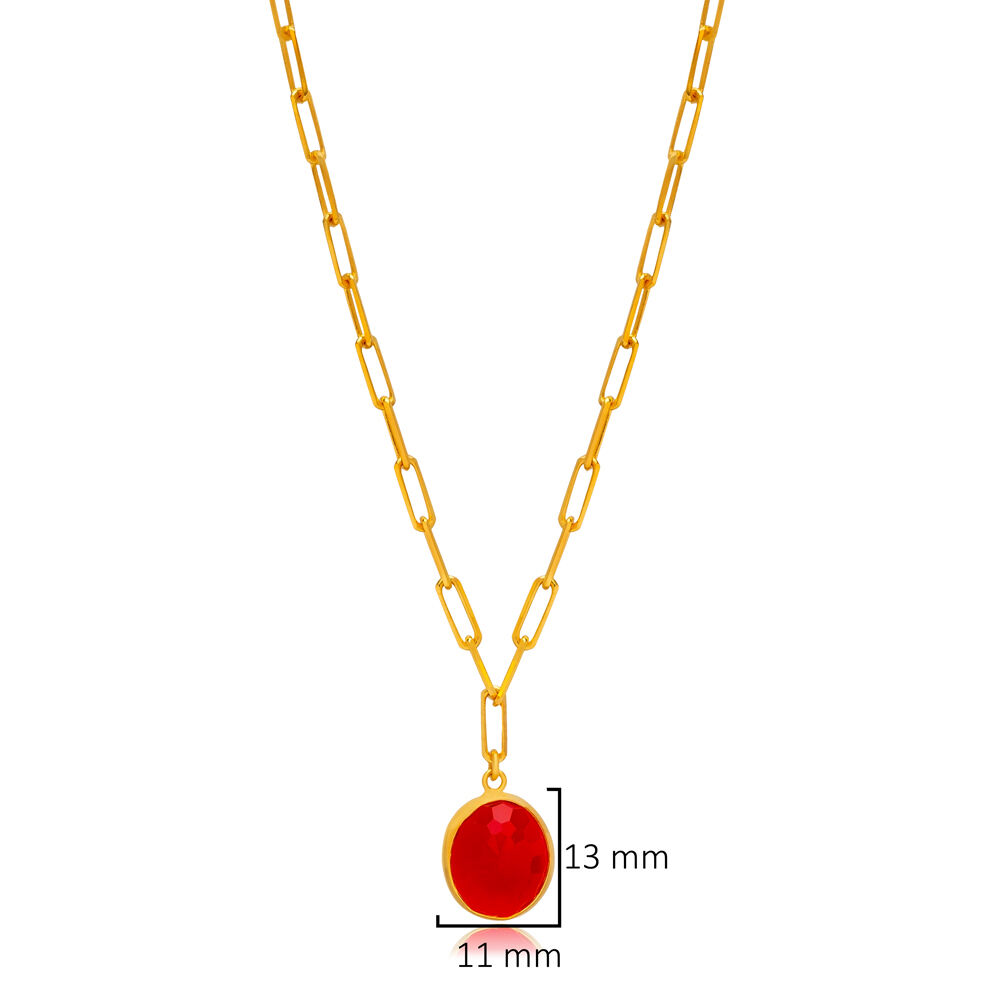 Ruby Quartz Oval 22K Gold Bezel Silver Charm Necklace