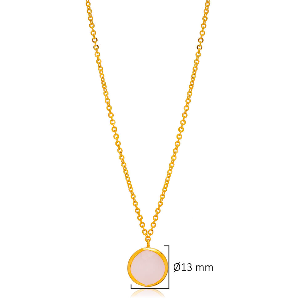 Pink Quartz Round 22K Gold Bezel Silver Charm Necklace