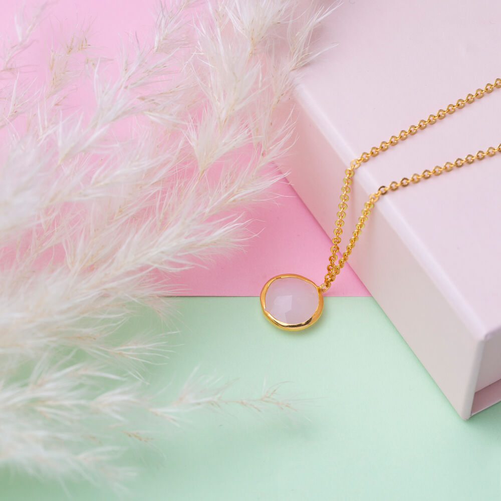 Pink Quartz Round 22K Gold Bezel Silver Charm Necklace
