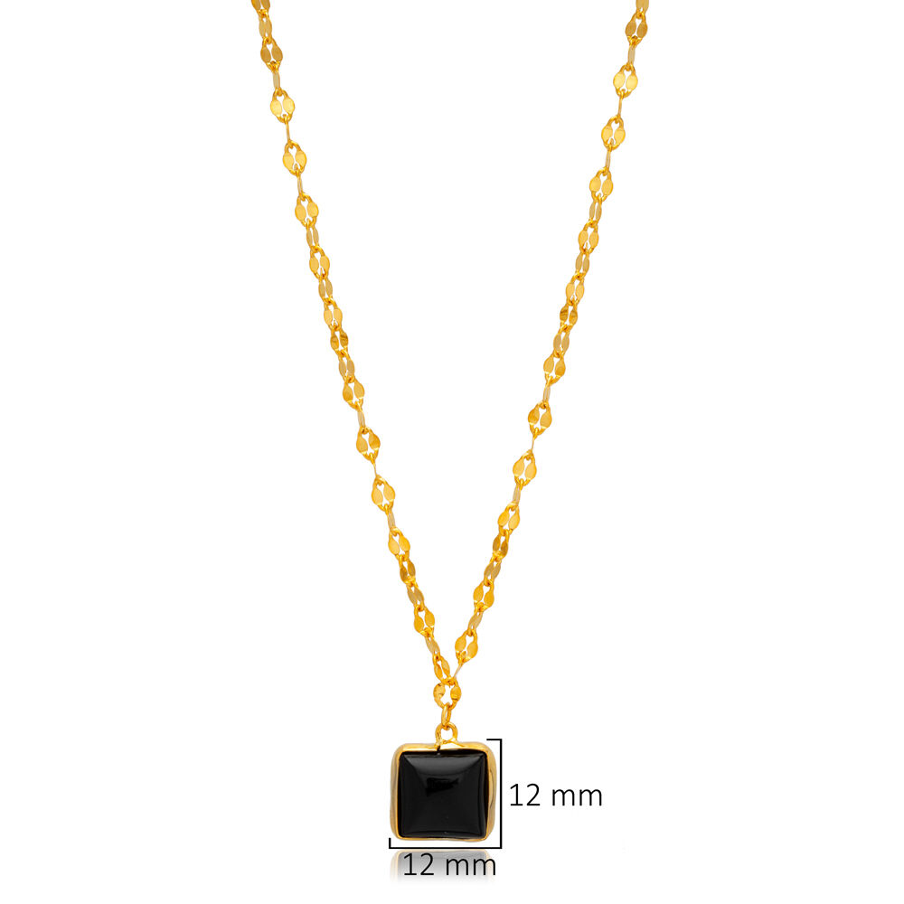 Black Quartz Square 22K Gold Bezel Silver Charm Necklace