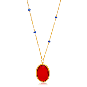 Ruby Oval Quartz 22K Gold Bezel Silver Charm Necklace