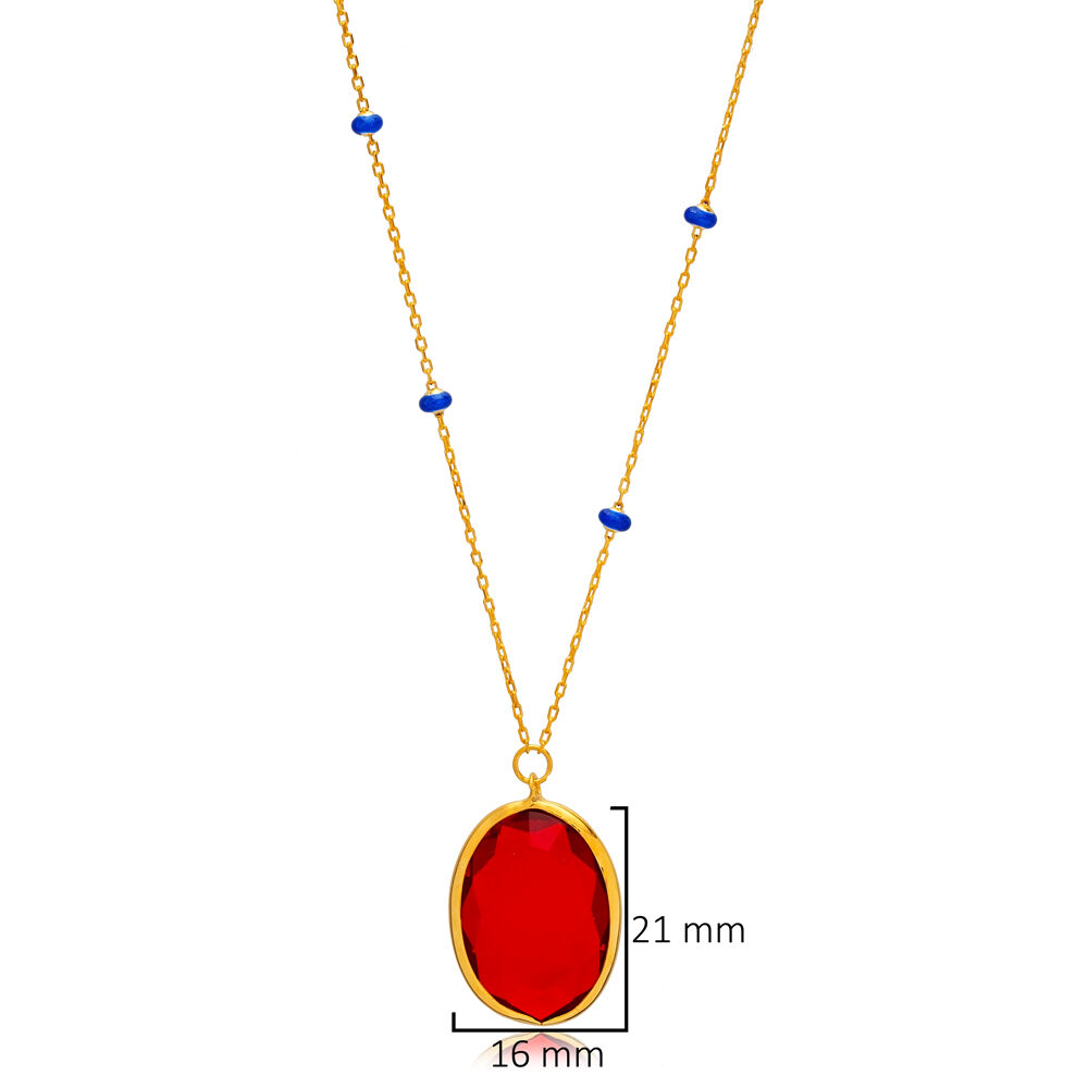 Ruby Oval Quartz 22K Gold Bezel Silver Charm Necklace