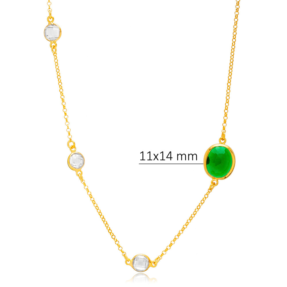 Emerald Quartz with Triple CZ Stone Charm Silver Necklace