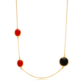 Black and Ruby Quartz 22K Gold Bezel Silver Charm Necklace