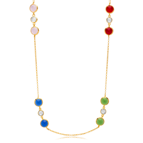 Colorful Quartz Stone 22K Gold Bezel Silver Charm Necklace