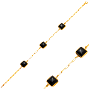 Square Cut Black Quartz 22K Gold Bezel Silver Charm Bracelet
