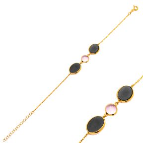 Black and Pink Quartz 22K Gold Bezel Silver Charm Bracelet
