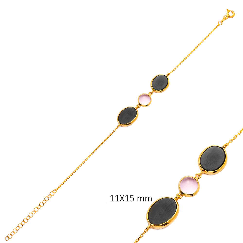 Black and Pink Quartz 22K Gold Bezel Silver Charm Bracelet