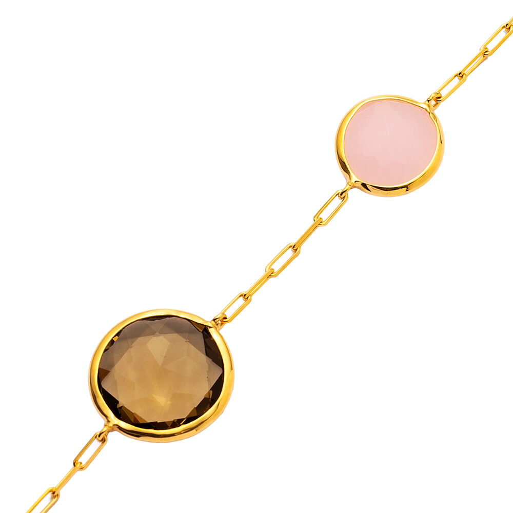 Round Colorful Quartz 22K Gold Bezel Silver Charm Bracelet