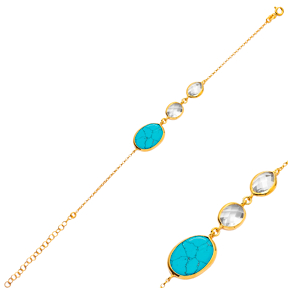 Oval Turquoise Quartz 22K Gold Bezel Silver Charm Bracelet