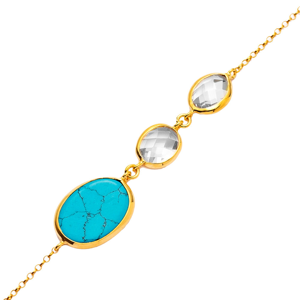 Oval Turquoise Quartz 22K Gold Bezel Silver Charm Bracelet