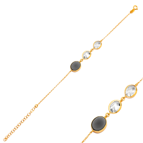 Black Quartz Stone Oval 22K Gold Bezel Silver Charm Bracelet