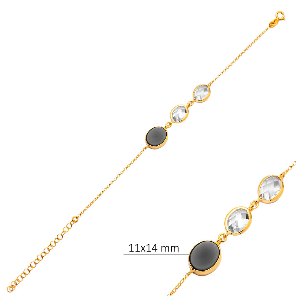 Black Quartz Stone Oval 22K Gold Bezel Silver Charm Bracelet