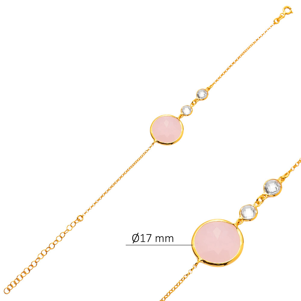 Round Pink Quartz 22K Gold Bezel Silver Charm Bracelet