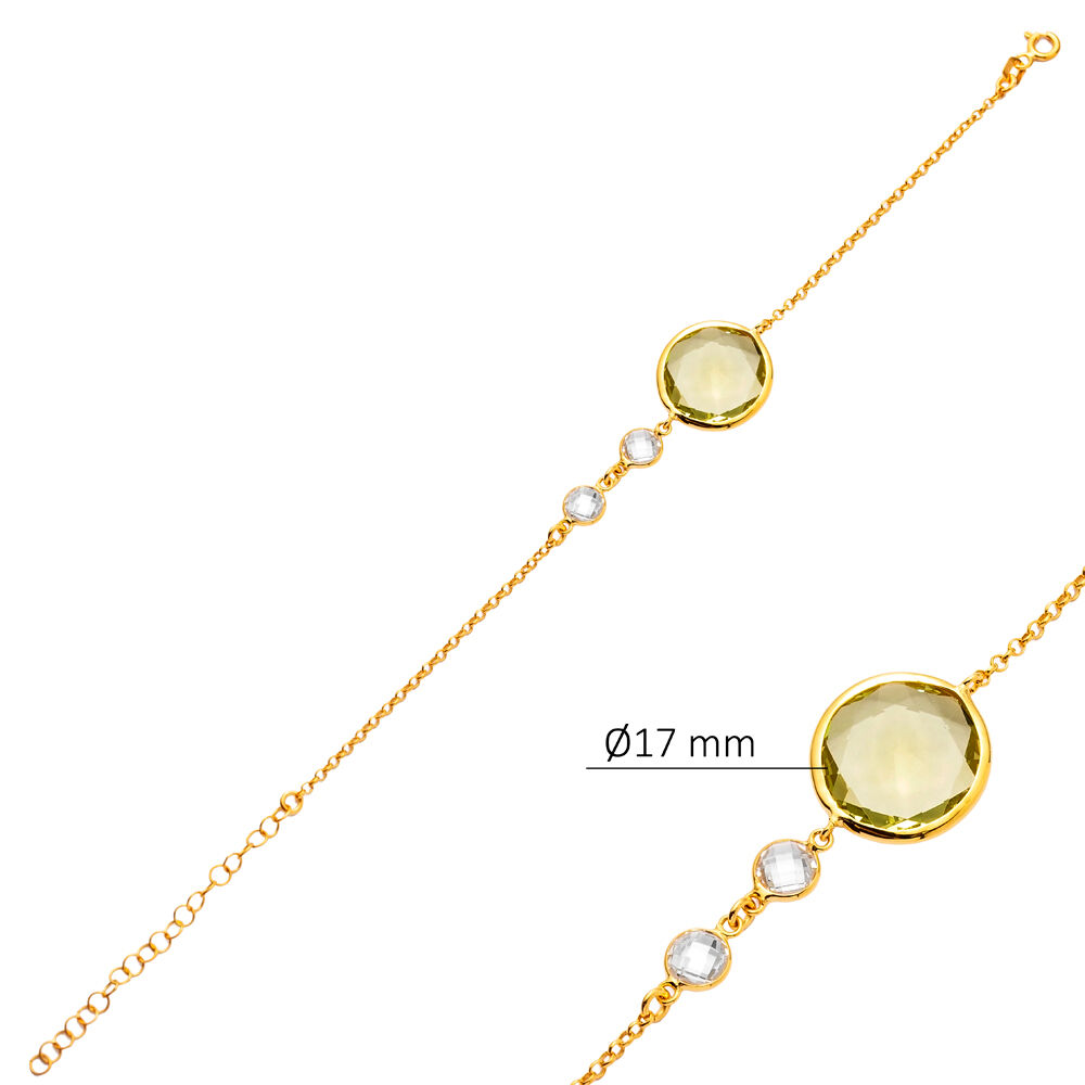 Olive Quartz 22K Gold Bezel Silver Charm Bracelet