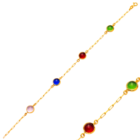 Colorful Quartz Stones Round 22K Gold Bezel Silver Bracelet