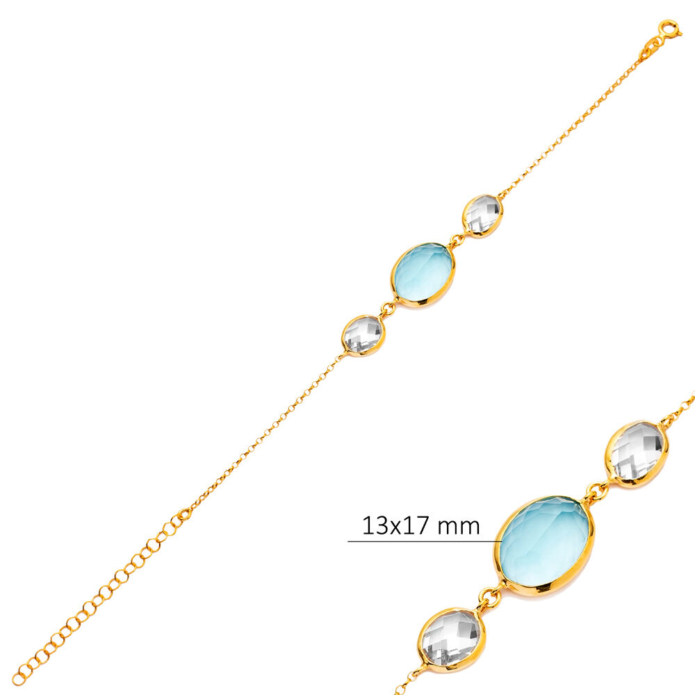 Oval Shape Aquamarine Quartz 22K Gold Bezel Silver Bracelet
