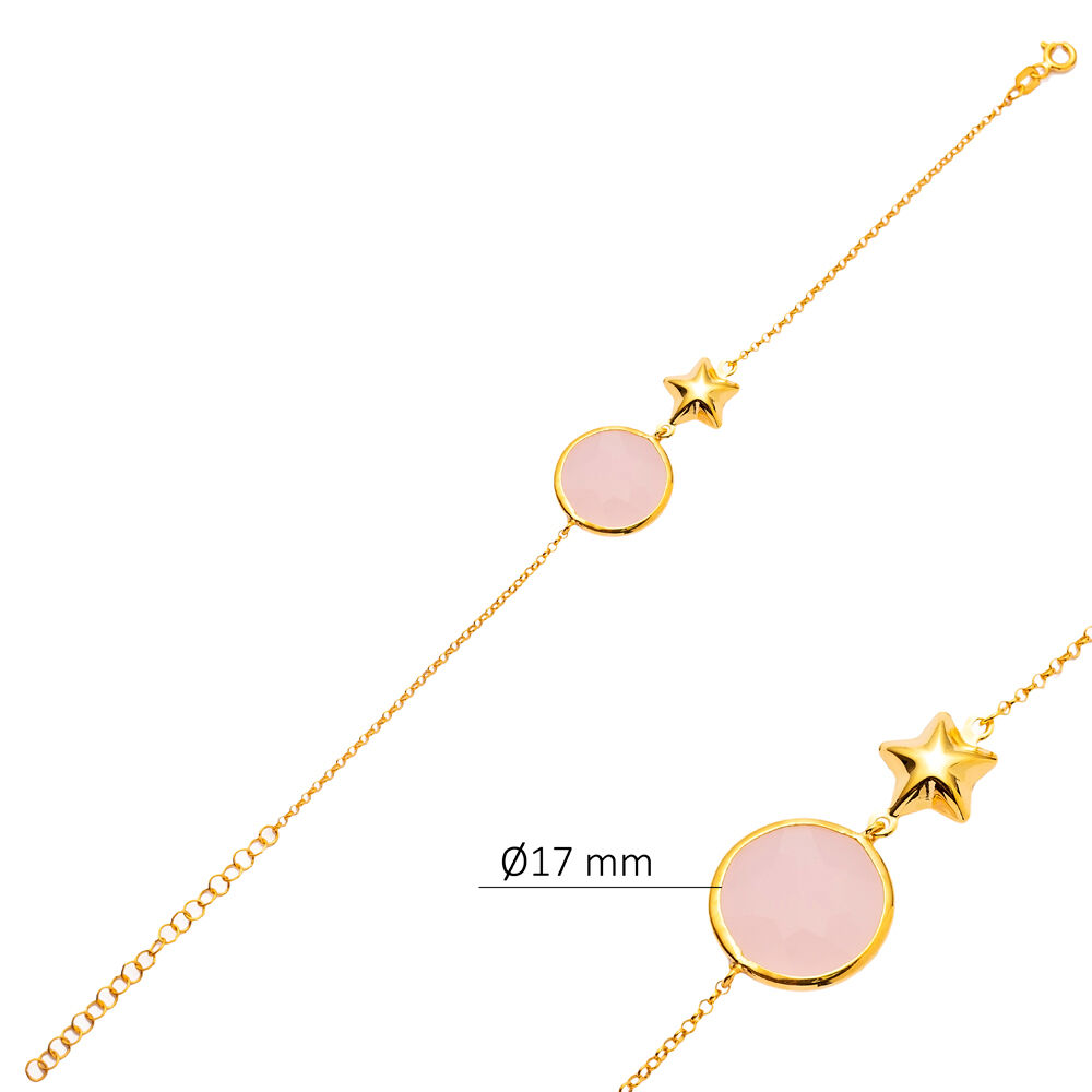 Pink Quartz Round with Star 22K Gold Bezel Silver Bracelet