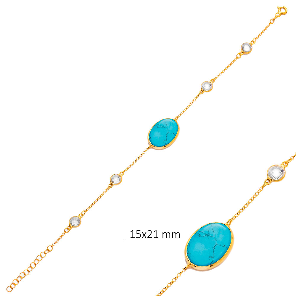 Turquoise Quartz Oval with CZ 22K Gold Bezel Silver Bracelet