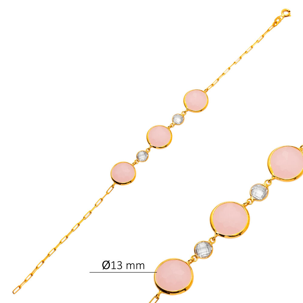 Oval Pink Quartz Three CZ 22K Gold Bezel Silver Bracelet