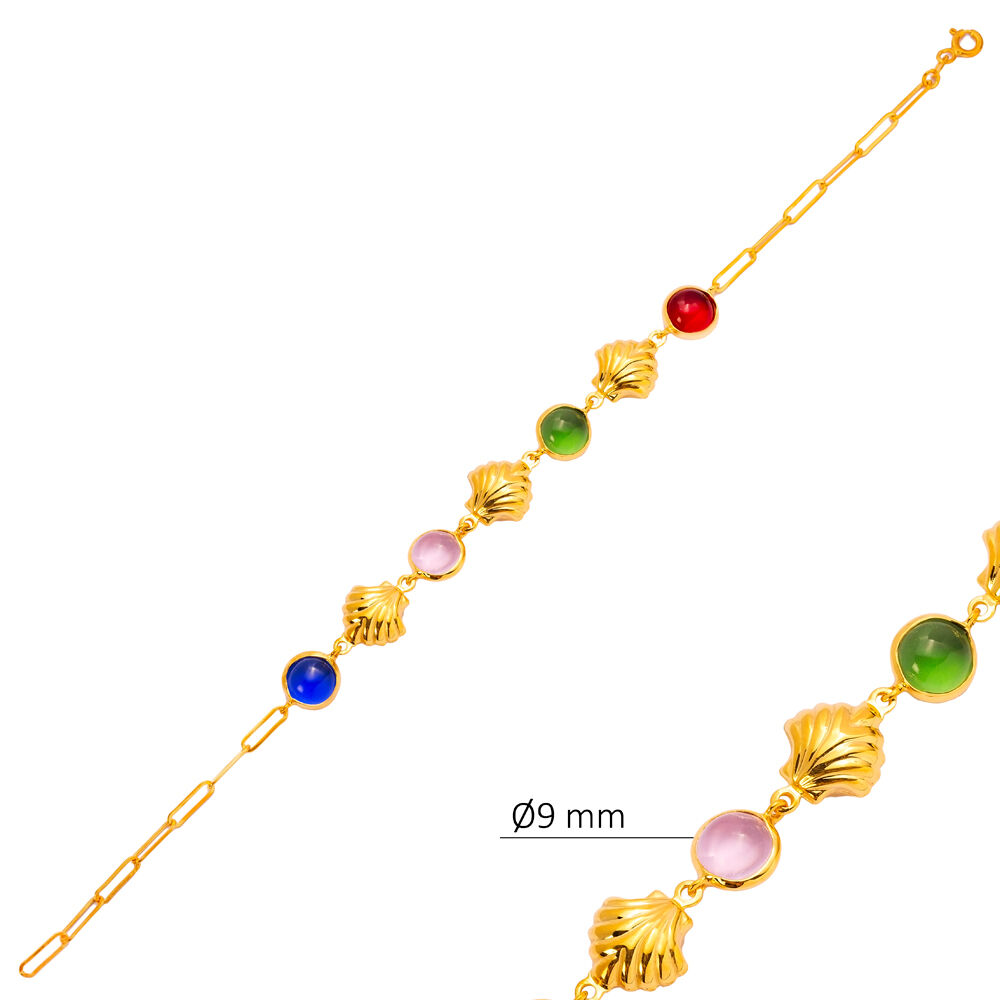 Colorful Quartz Shell 22K Gold Bezel Silver Charm Bracelet