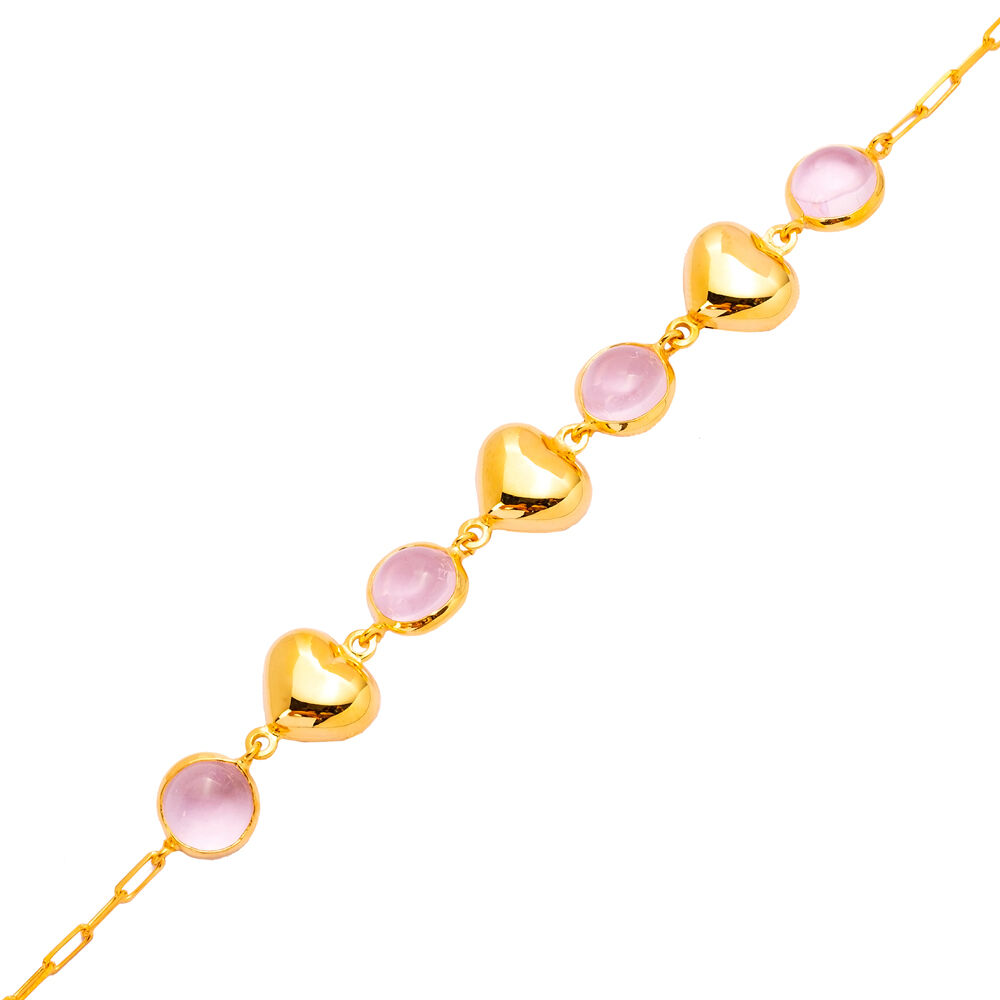 Pink Quartz Heart Plain 22K Gold Bezel Silver Charm Bracelet