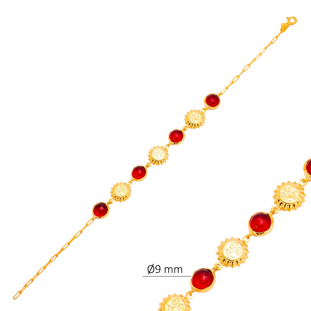 Ruby Quartz Plain Sun 22K Gold Bezel Silver Charm Bracelet