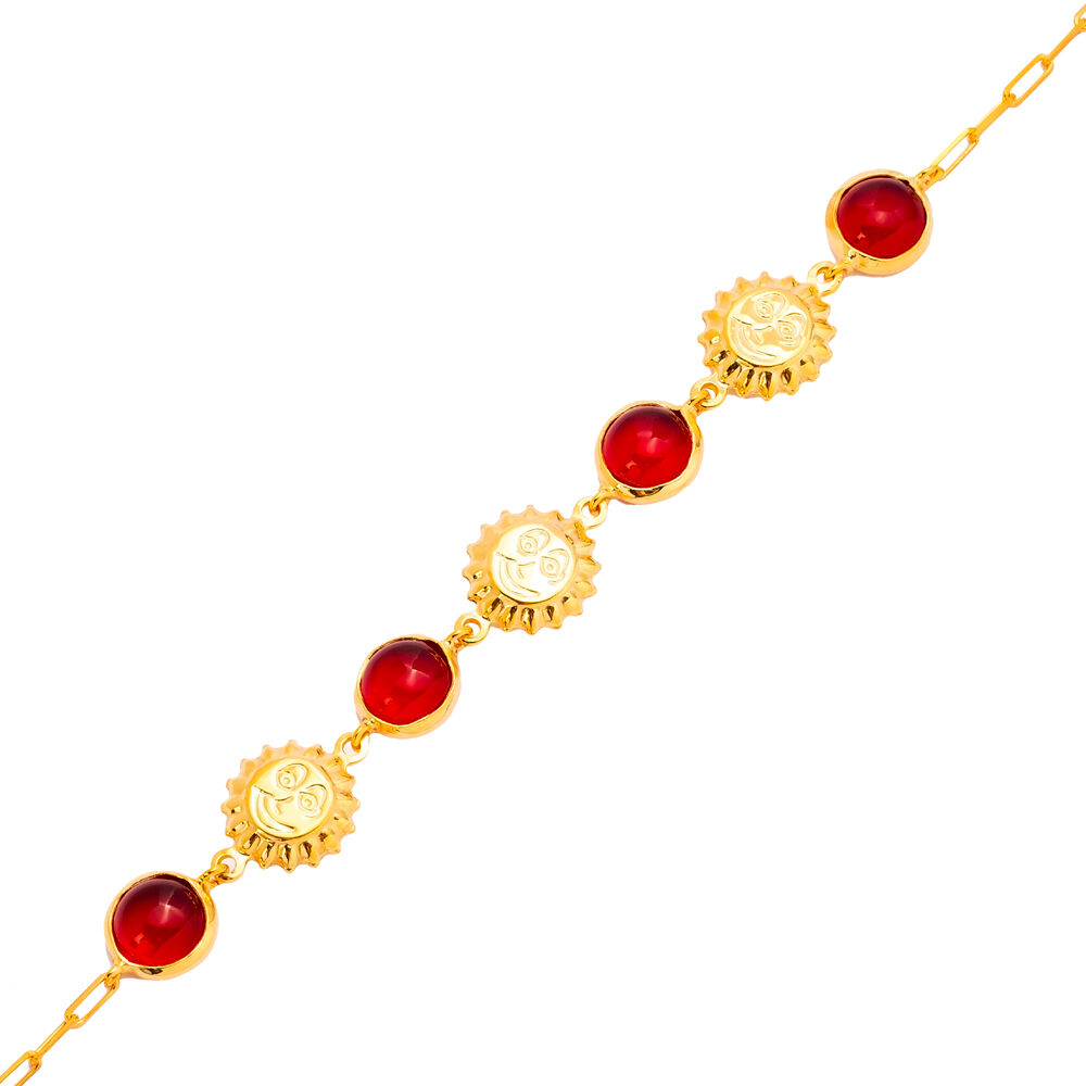 Ruby Quartz Plain Sun 22K Gold Bezel Silver Charm Bracelet