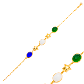 Mix Oval Quartz Star 22K Gold Bezel Silver Charm Bracelet