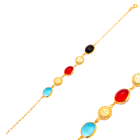 Colorful Quartz with Sun 22K Gold Bezel Silver Charm Bracelet