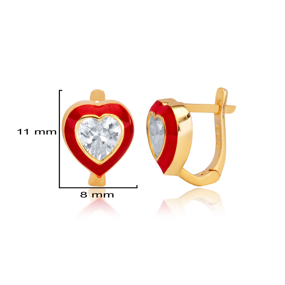 Red Enamel CZ Stone Heart Design Silver Latch Back Earrings