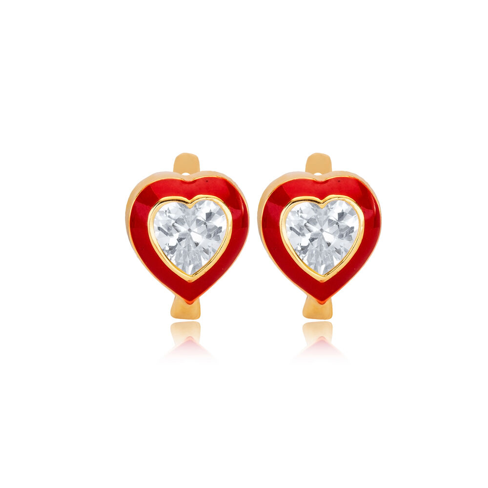 Red Enamel CZ Stone Heart Design Silver Latch Back Earrings