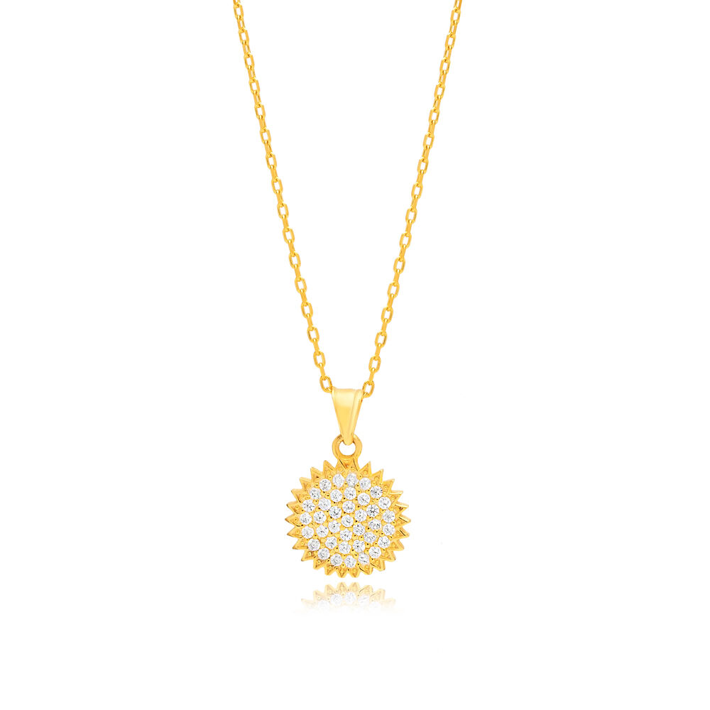 Round Sun Design CZ Stone Silver Charm Necklace Pendant