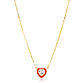Red Enamel CZ Stone Heart Design Silver Charm Necklace