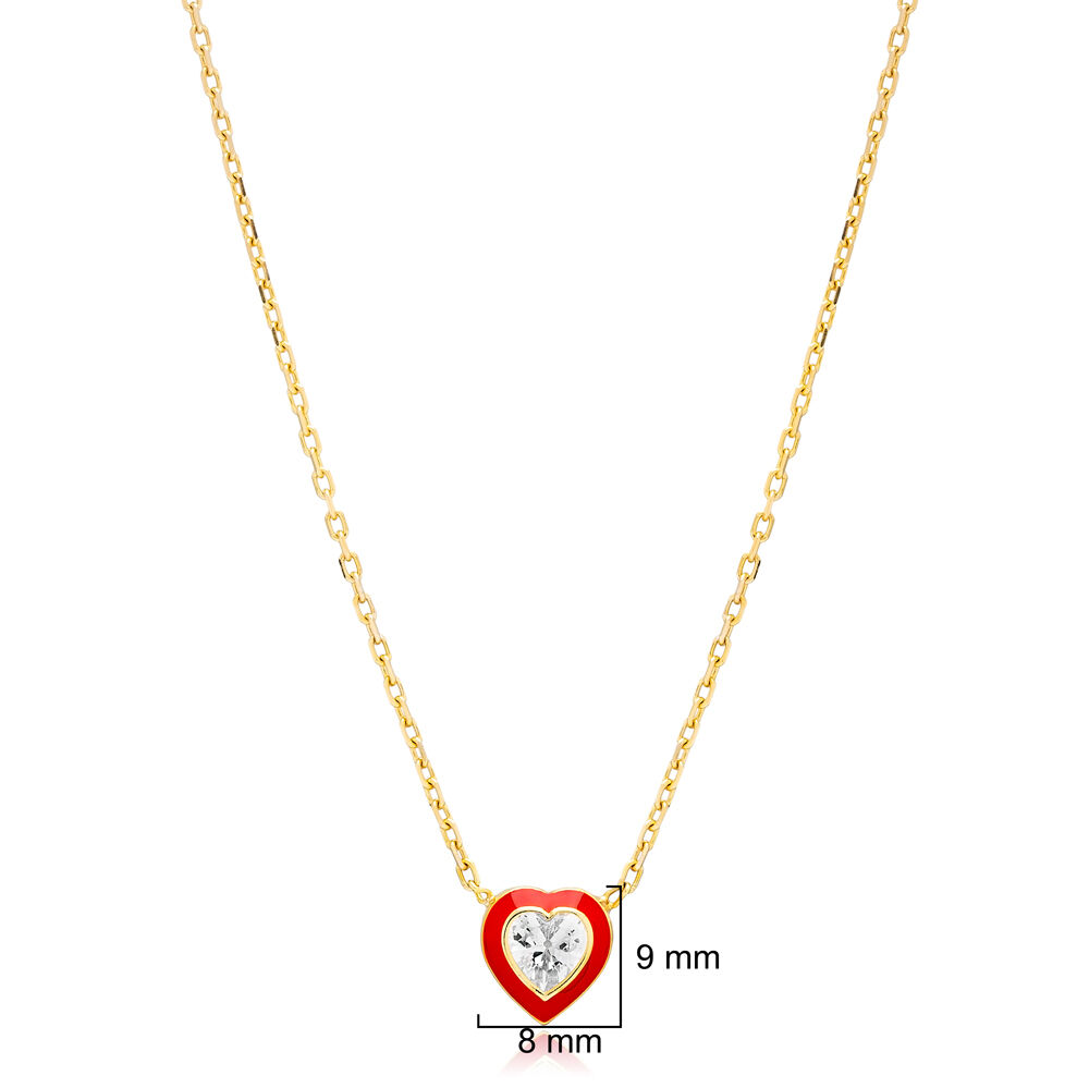 Red Enamel CZ Stone Heart Design Silver Charm Necklace