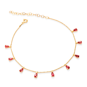 Minimalist Ruby CZ Stone Pear Shape Shaker Anklet Jewelry