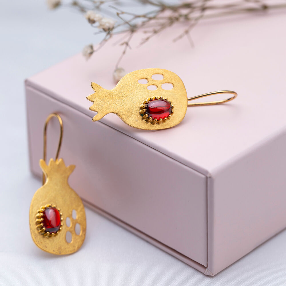 Pomegranate Design Hook Earrings 22K Gold Silver Jewelry