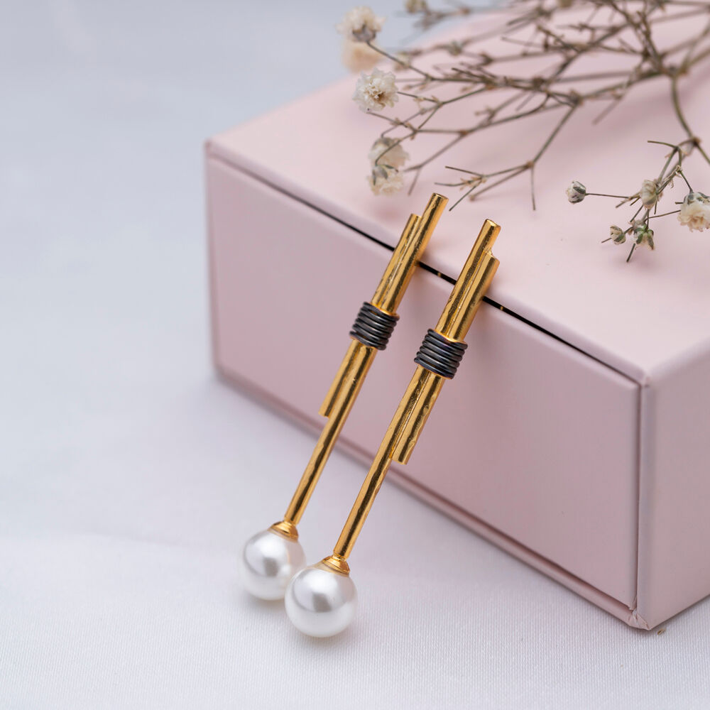 Stick Design with Pearl Hook Earrings 22K Gold Silver Jewelry